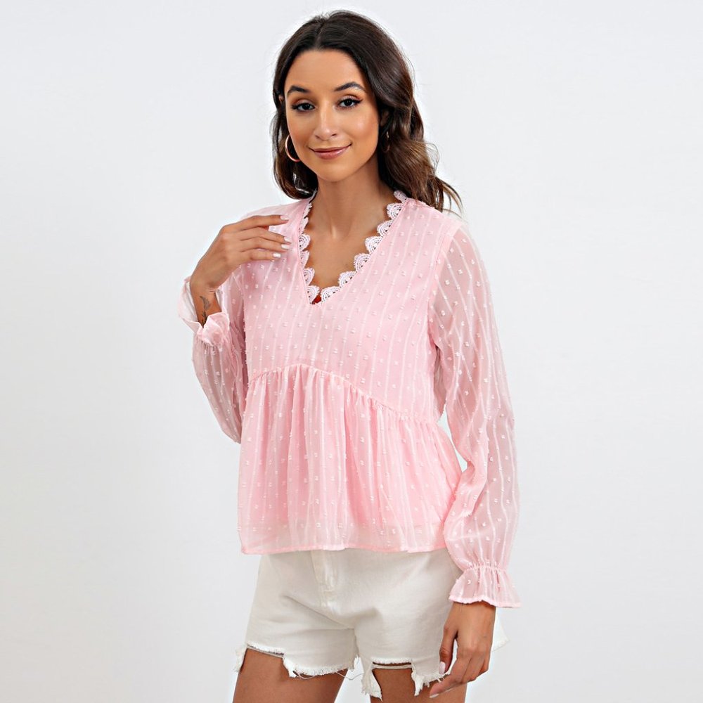 Swiss Dot Flounce Sleeve Peplum Blouse